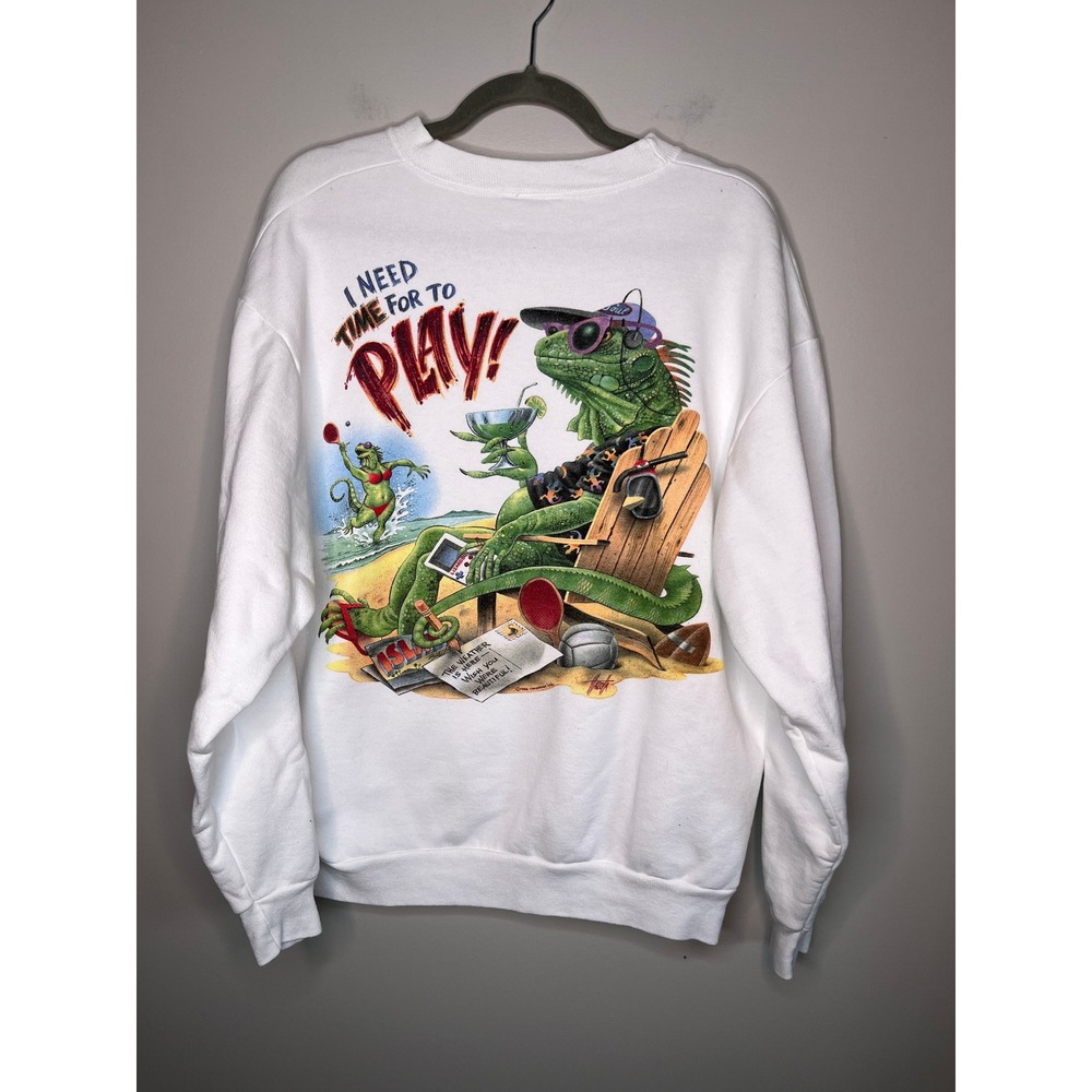 1990s Caribbean Soul Iguana Time To Play Jimmy Buffett Beach Sweatshirt XL
